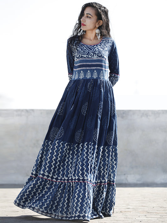 Naaz Indigo White Hand Blocked Cotton Long Dress With Highlighted Neck - DS46F001