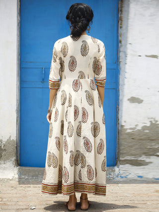 Naaz Beige Brown Maroon Black Hand Block Printed Long Cotton Dress with Tassels - DS02F001