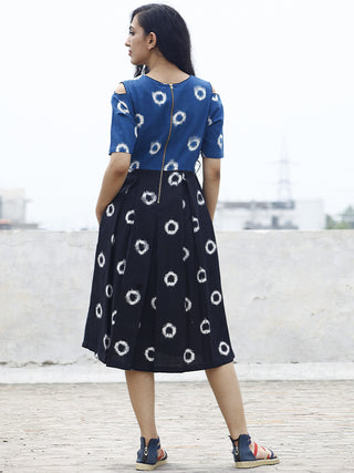 Prussian Blue Black Ivory Handwoven Double Ikat Pleated Cold Shoulder Dress With Side Pockets & Back Zip -  D81F853