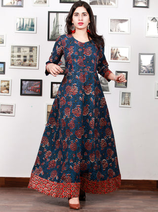 Indigo Rust Red Hand Block Printed Long Cotton Dress With Back Knots - D162F1341