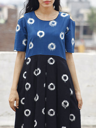 Prussian Blue Black Ivory Handwoven Double Ikat Pleated Cold Shoulder Dress With Side Pockets & Back Zip -  D81F853