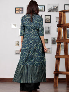 Green Black Indigo Ajrakh Hand Block Printed Long Kurta With Front Slit - K60BP0112