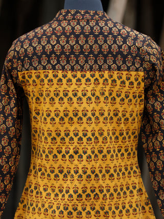 Yellow Rust Black Green Hand Block Printed Ajrakh Kurta With Stand Collar  - K38BP088