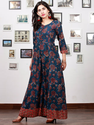Indigo Rust Red Hand Block Printed Long Cotton Dress With Back Knots - D162F1341