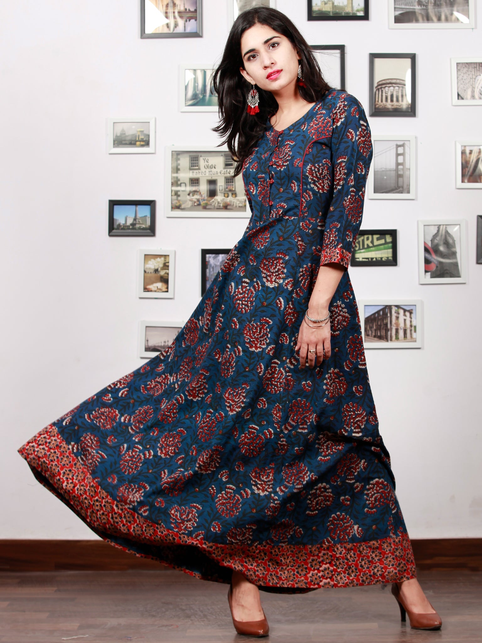 Indigo Rust Red Hand Block Printed Long Cotton Dress With Back Knots ...