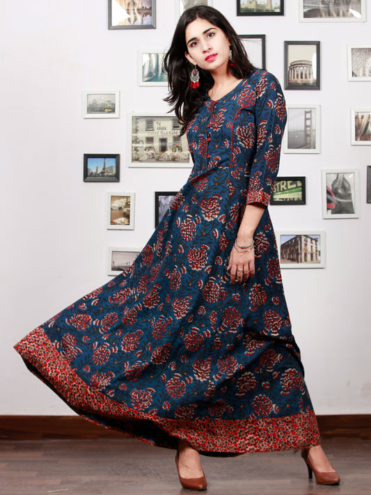 Indigo Rust Red Hand Block Printed Long Cotton Dress With Back Knots - D162F1341