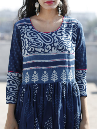 Naaz Indigo White Hand Blocked Cotton Long Dress With Highlighted Neck - DS46F001