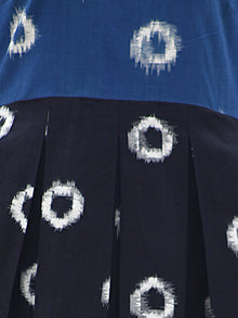 Prussian Blue Black Ivory Handwoven Double Ikat Pleated Cold Shoulder Dress With Side Pockets & Back Zip -  D81F853
