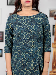 Green Black Indigo Ajrakh Hand Block Printed Long Kurta With Front Slit - K60BP0112