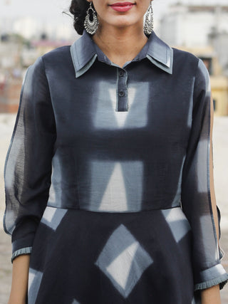 Naaz Black Grey White Hand Block Printed & Tie Dye Dress With Sleeve Slit And Collar - DS23F001