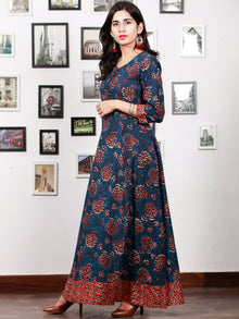 Indigo Rust Red Hand Block Printed Long Cotton Dress With Back Knots - D162F1341