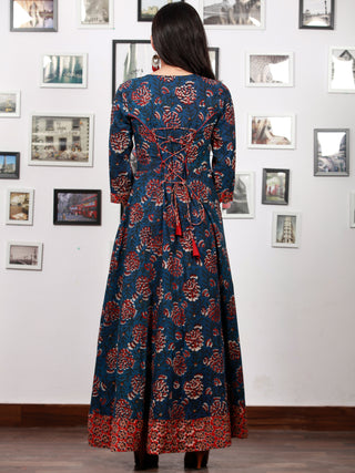 Indigo Rust Red Hand Block Printed Long Cotton Dress With Back Knots - D162F1341
