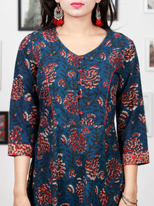 Indigo Rust Red Hand Block Printed Long Cotton Dress With Back Knots - D162F1341