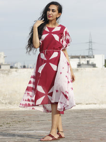 Naaz Marsala White Hand Block Printed & Tie Dye Asymmetrical Dress With Tie-up Waist and Ruffle Sleeve  - DS26F001