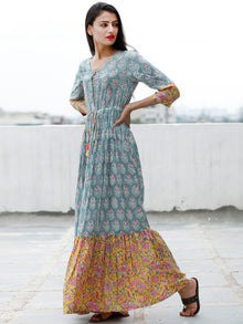 Sea Green Pink Yellow Hand Block Printed Long Dress With Tie Up Waist - D170F1845