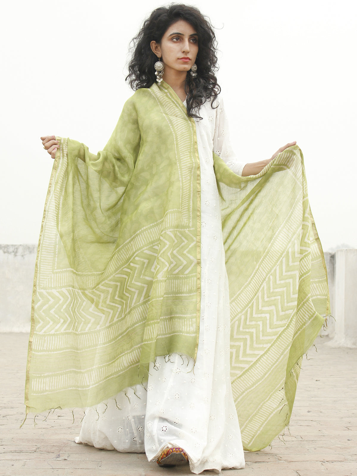 Asparagus green White Chanderi Hand Black Printed & Hand Painted Dupatta - D04170222