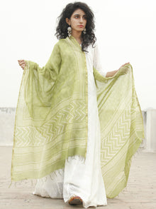 Asparagus green White Chanderi Hand Black Printed & Hand Painted Dupatta - D04170222