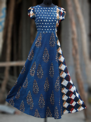 Indigo Rust Ivory Maroon Hand Block Printed Long Cotton Panel Dress With Petal Sleeves  - D224F1321