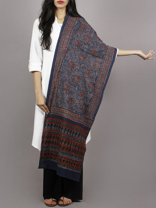 Indigo Maroon Ivory Black Mughal Nakashi Ajrakh Hand Block Printed Cotton Stole - S63170124