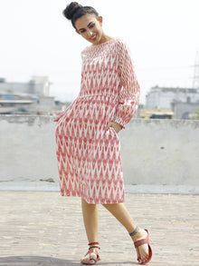 Pink Ivory Handloom Ikat Dress With Side Pockets And Peasant Sleeve-  D109F722