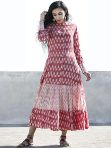 Pink Ivory Front Open Hand Woven Ikat Cotton Tier Dress  - D193F946