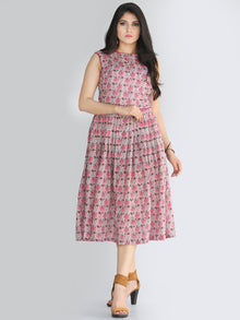 Gulinar - Block Printed Sleeveless Cotton Dress With Stand Collars and Knife Pleats- D72F1872