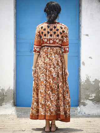 Naaz Kesari - Rust Maroon Ivory Black Hand Block Printed Long Cotton Dress  - DS05F001