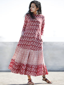 Pink Ivory Front Open Hand Woven Ikat Cotton Tier Dress  - D193F946