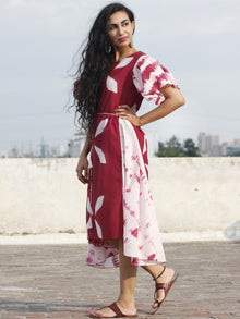 Naaz Marsala White Hand Block Printed & Tie Dye Asymmetrical Dress With Tie-up Waist and Ruffle Sleeve  - DS26F001