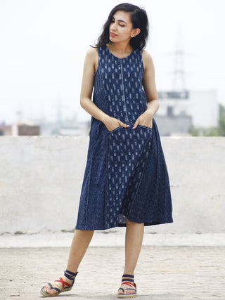 Oxford Blue Ivory Handwoven Ikat Knife Pleated Sleeveless Dress With Front Pockets-  D82F795