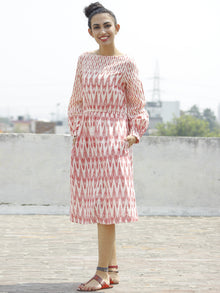 Pink Ivory Handloom Ikat Dress With Side Pockets And Peasant Sleeve-  D109F722