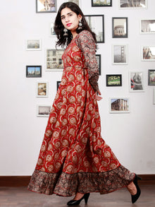 Red Black Biege Ivory  Long Hand Block Printed Cotton Dress With Frills  - D06F1387