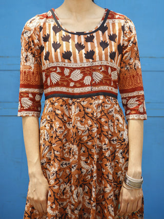 Naaz Kesari - Rust Maroon Ivory Black Hand Block Printed Long Cotton Dress  - DS05F001
