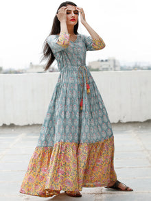 Sea Green Pink Yellow Hand Block Printed Long Dress With Tie Up Waist - D170F1845