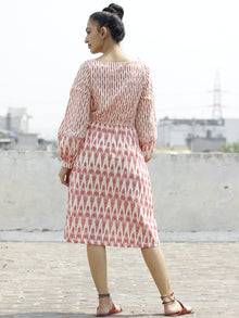 Pink Ivory Handloom Ikat Dress With Side Pockets And Peasant Sleeve-  D109F722