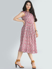 Gulinar - Block Printed Sleeveless Cotton Dress With Stand Collars and Knife Pleats- D72F1872