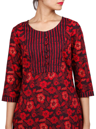Red Black Cotton Block Printed Kurta & Pants - Set of 2 - SS01F1938