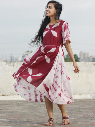 Naaz Marsala White Hand Block Printed & Tie Dye Asymmetrical Dress With Tie-up Waist and Ruffle Sleeve  - DS26F001