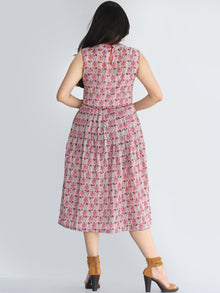 Gulinar - Block Printed Sleeveless Cotton Dress With Stand Collars and Knife Pleats- D72F1872