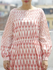 Pink Ivory Handloom Ikat Dress With Side Pockets And Peasant Sleeve-  D109F722