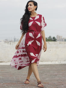 Naaz Marsala White Hand Block Printed & Tie Dye Asymmetrical Dress With Tie-up Waist and Ruffle Sleeve  - DS26F001