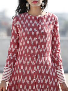 Pink Ivory Front Open Hand Woven Ikat Cotton Tier Dress  - D193F946