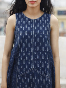 Oxford Blue Ivory Handwoven Ikat Knife Pleated Sleeveless Dress With Front Pockets-  D82F795