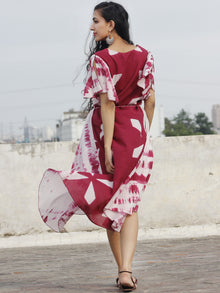 Naaz Marsala White Hand Block Printed & Tie Dye Asymmetrical Dress With Tie-up Waist and Ruffle Sleeve  - DS26F001