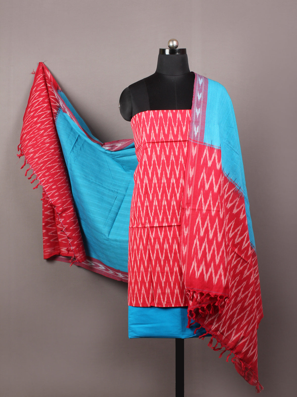 Red White Azure Blue Ikat Handwoven Cotton Suit Fabric Set of 3 - S1002016