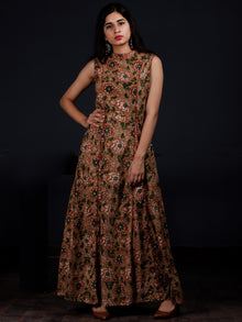 Peanut Brown Green Hand Block Printed Princess Line Stand Collar Dress - D40F1318