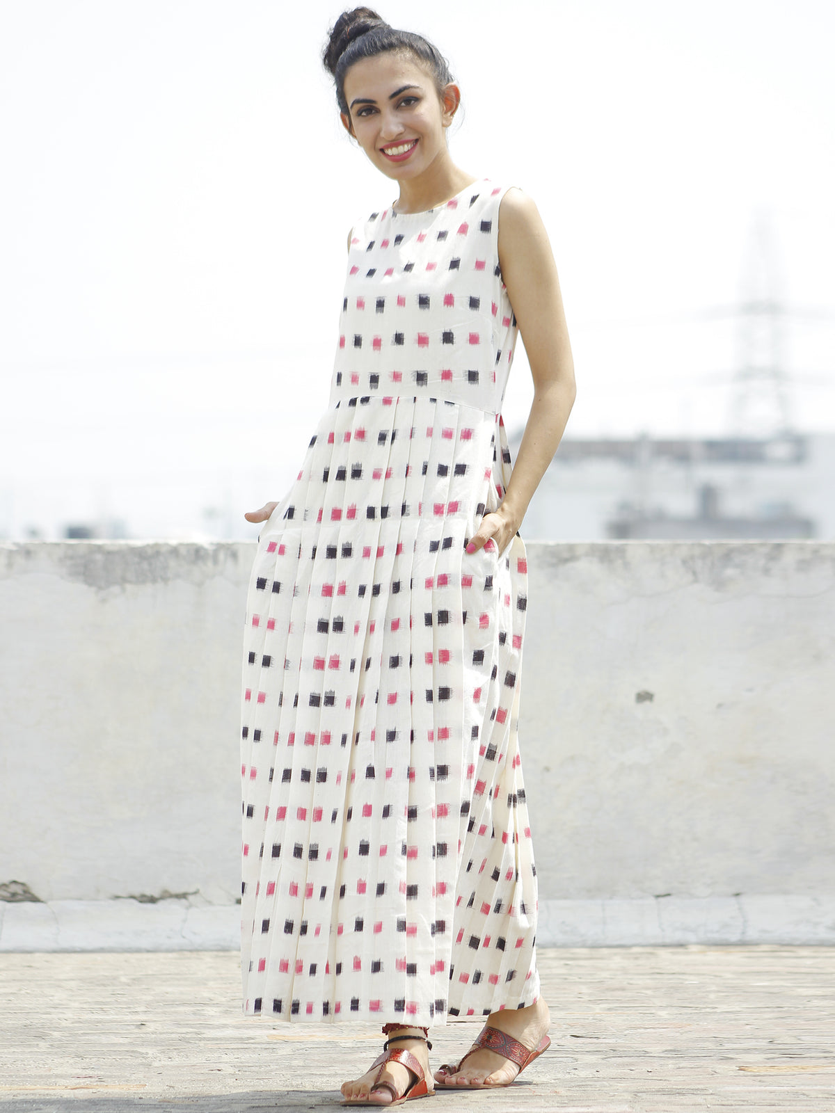 Ivory Pink Black Long Sleeveless Handwoven Double Ikat Dress With Knife Pleats & Side Pockets - D32F797