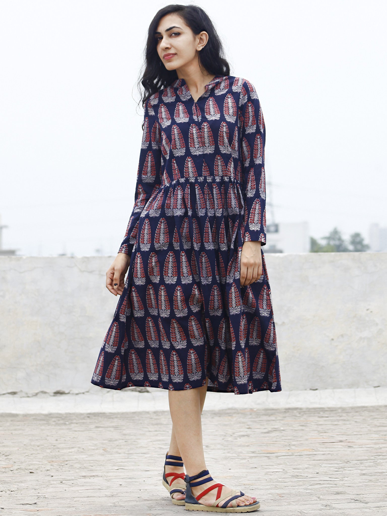 blue ajrak dress Midnight Blue Maroon Ivory Ajrak Dress With Gathers And Mandarin Colla –  InduBindu