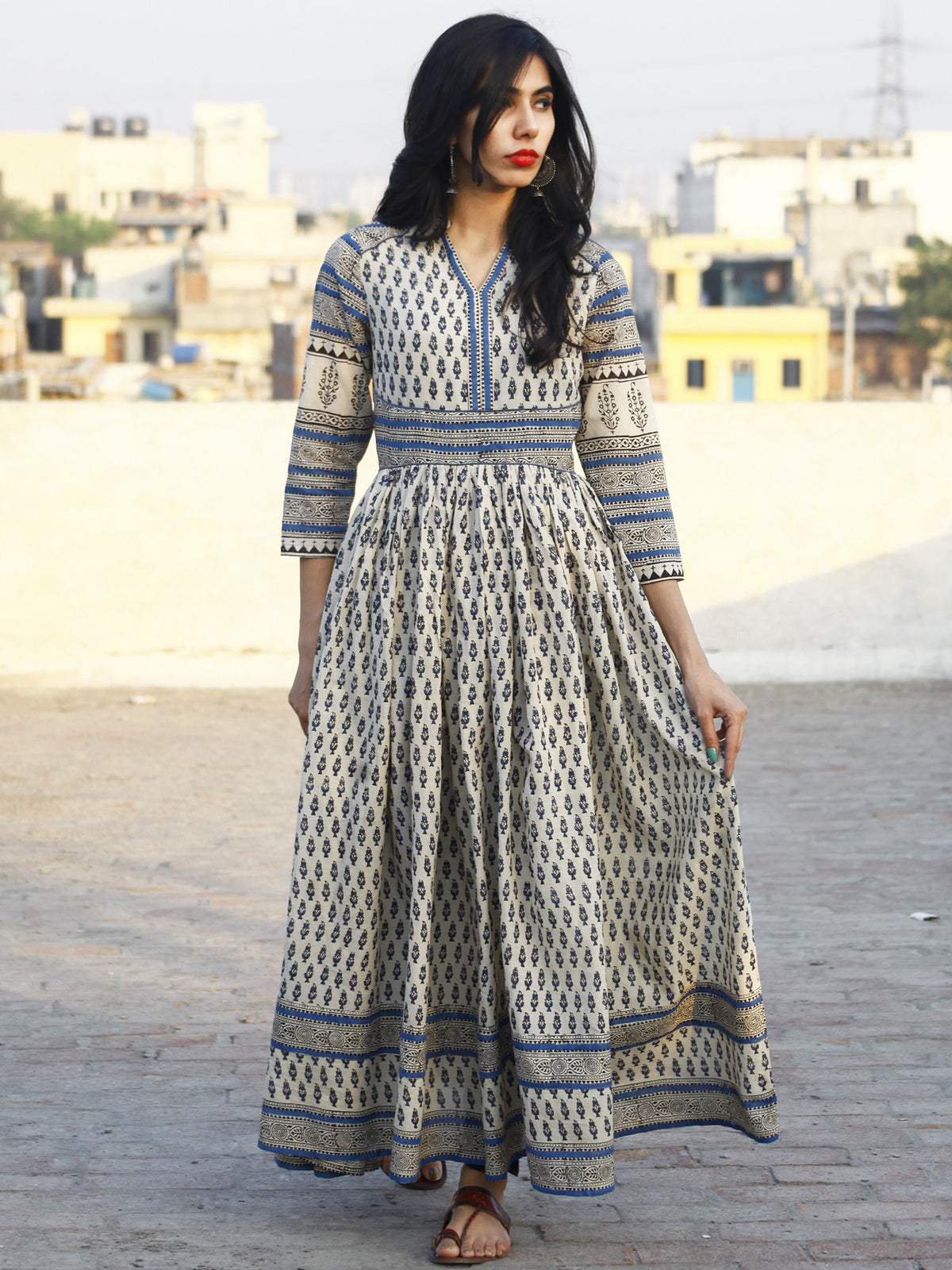 Naaz Ivory Blue Hand Block Printed Long Cotton Gather & Stand Collar Dress  - DS03F001