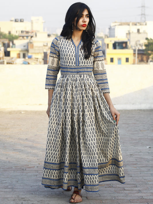 Naaz Ivory Blue Hand Block Printed Long Cotton Gather & Stand Collar Dress  - DS03F001